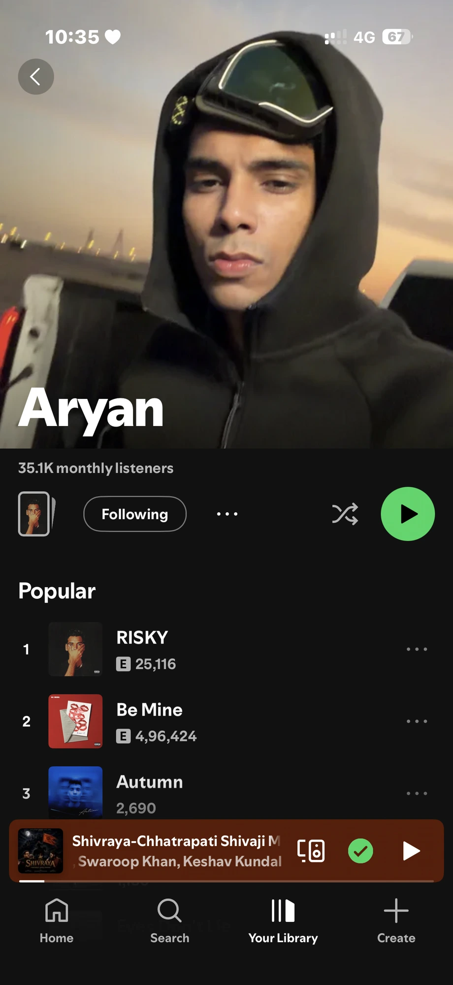 Spotify artist profile of Aryan after the Millionaire Connector playlist campaign, showing 35.1K monthly listeners