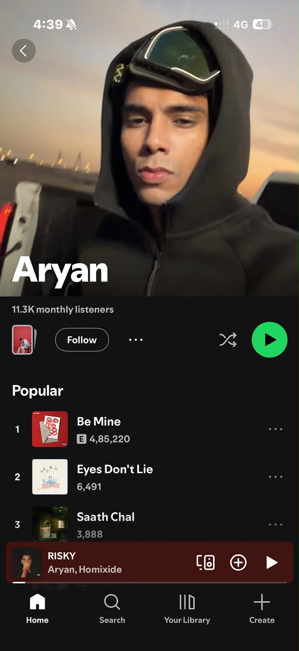 Spotify artist profile of Aryan before the Millionaire Connector playlist campaign, showing 11.3K monthly listeners