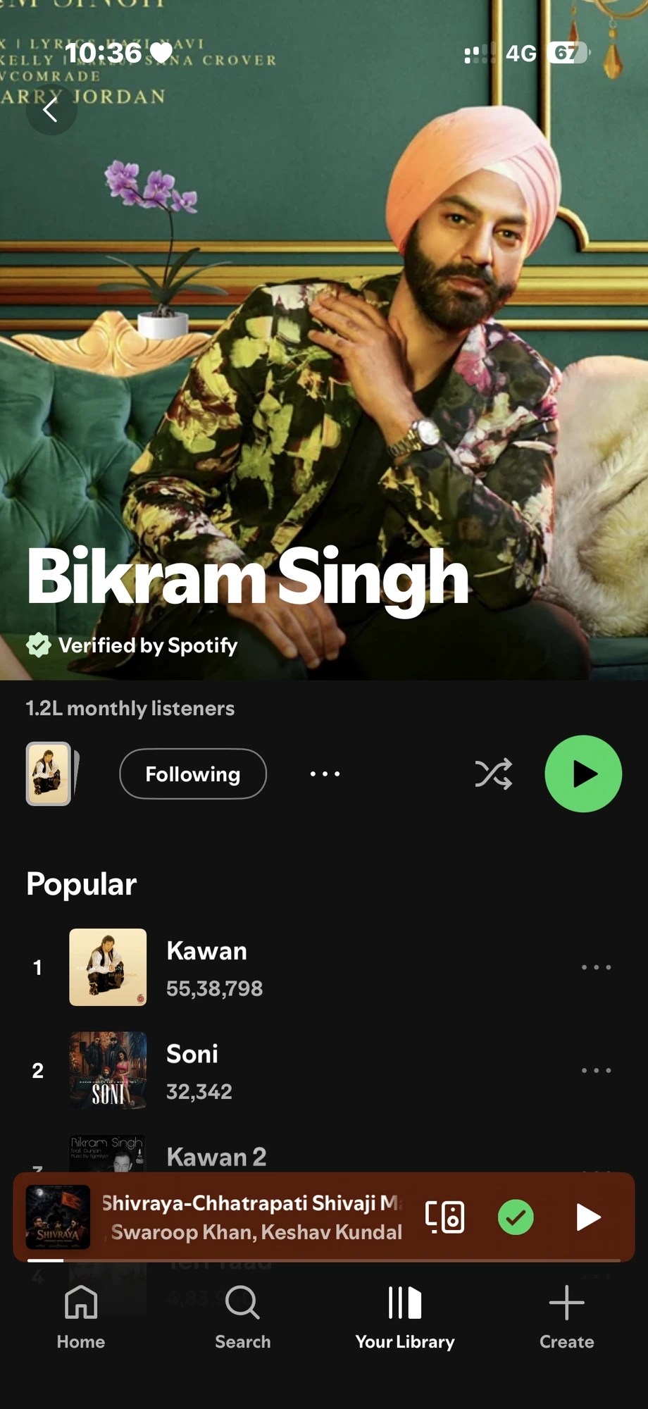 Spotify artist profile of Bikram Singh after the Millionaire Connector playlist campaign, showing 1.2L monthly listeners