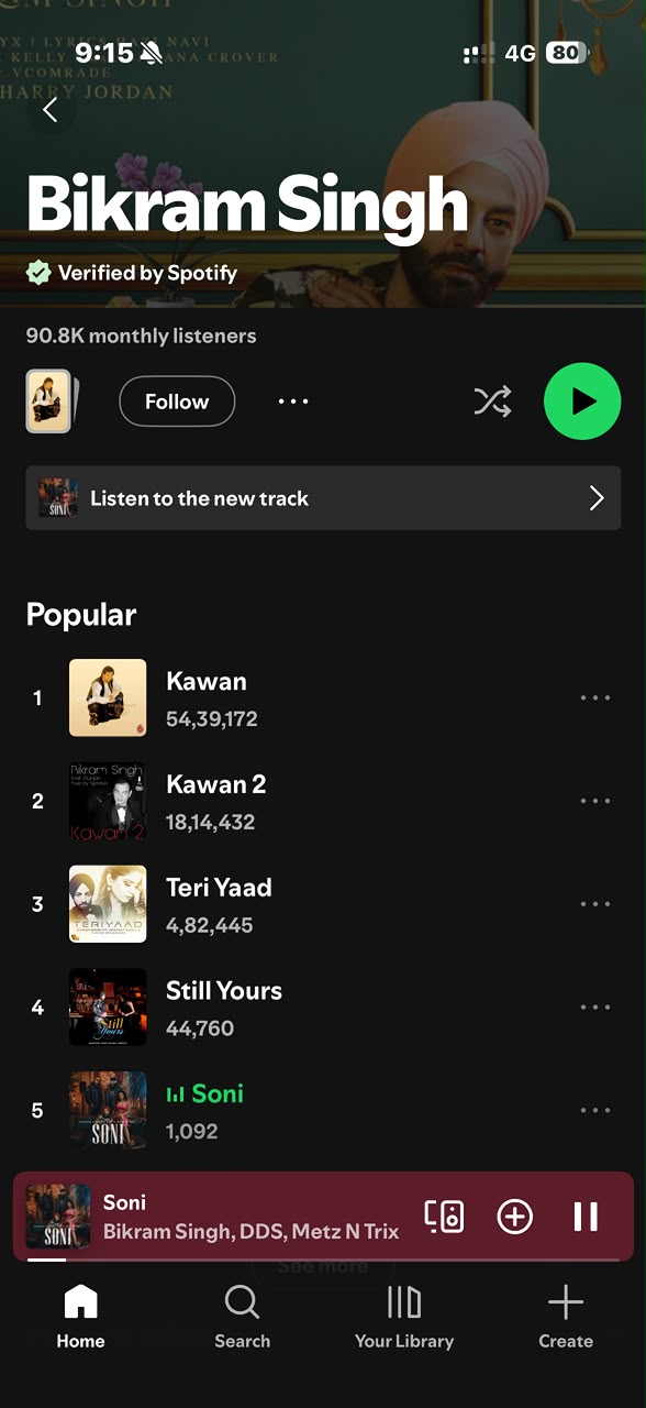 Spotify artist profile of Bikram Singh before the Millionaire Connector playlist campaign, showing 90.8K monthly listeners