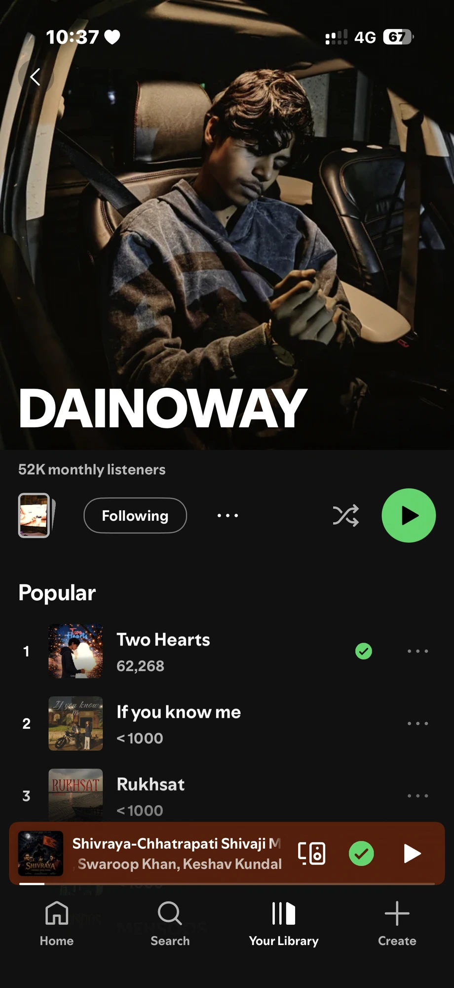 Spotify artist profile of DAINOWAY after the Millionaire Connector playlist campaign, showing 52K monthly listeners
