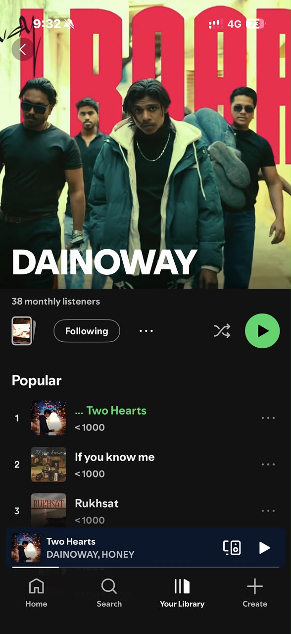 Spotify artist profile of DAINOWAY before the Millionaire Connector playlist campaign, showing 38 monthly listeners