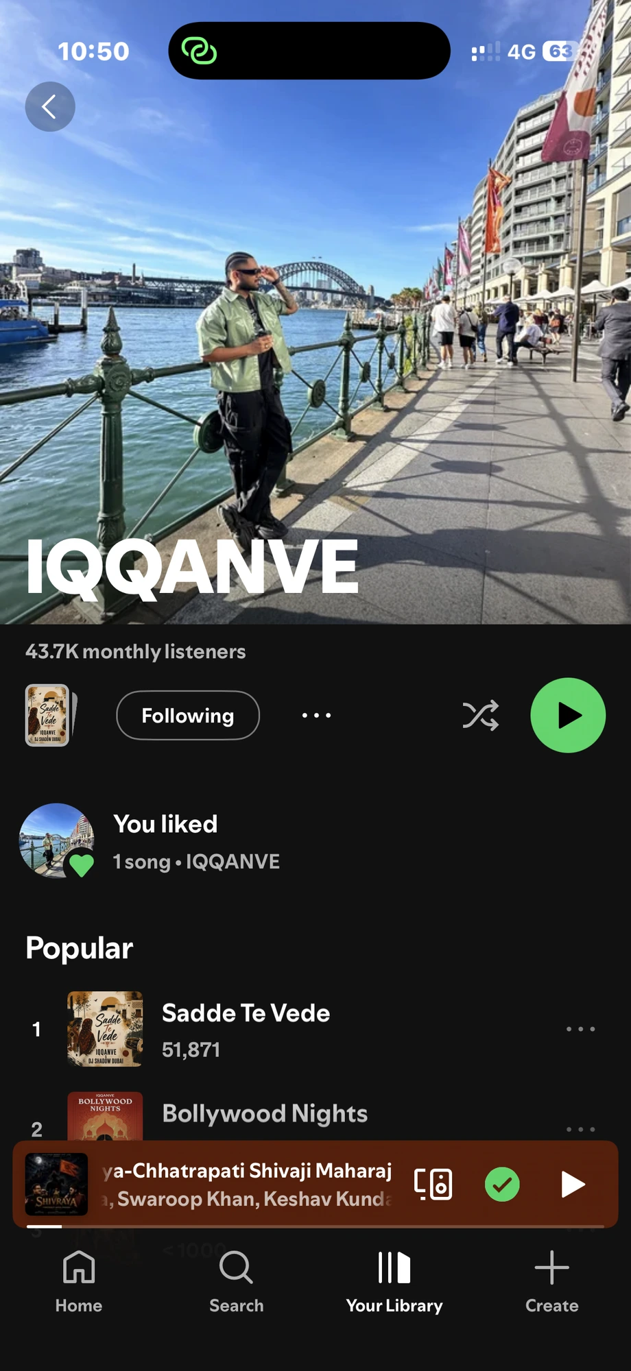 Spotify artist profile of IQQANVE after the Millionaire Connector playlist campaign, showing 43.7K monthly listeners